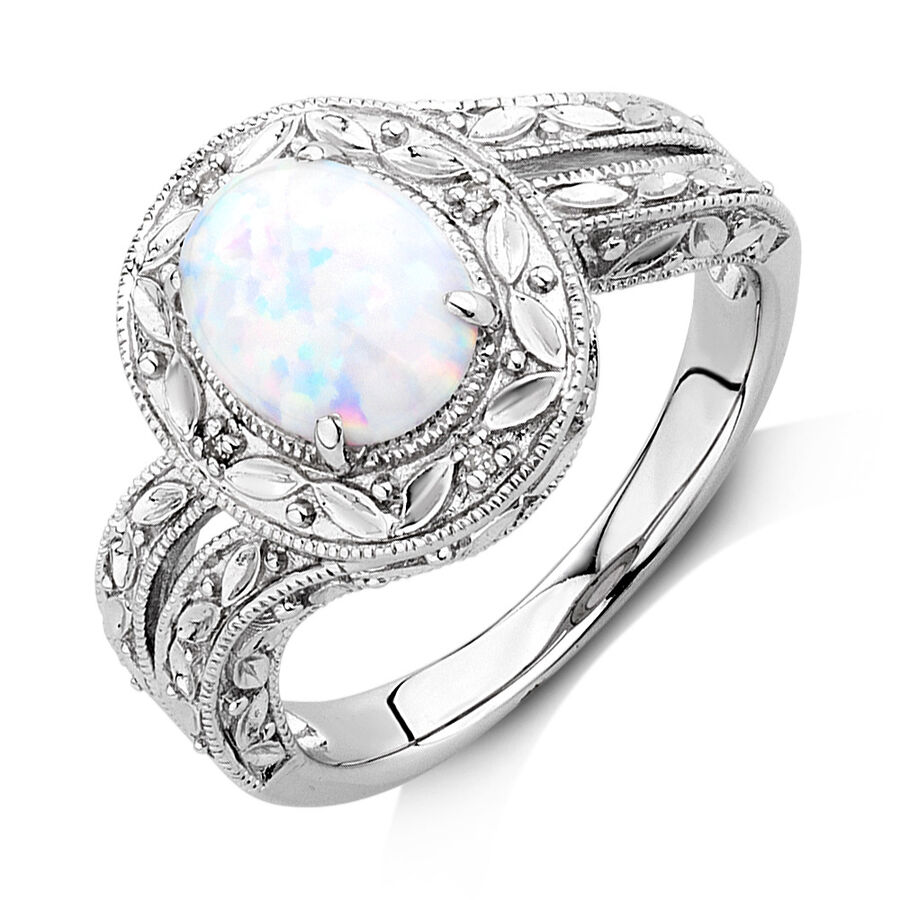 Ring with Created Opal & Diamonds in Sterling Silver