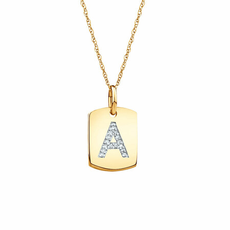 "A" Initial Rectangular Pendant with Diamonds in 10ct Yellow Gold