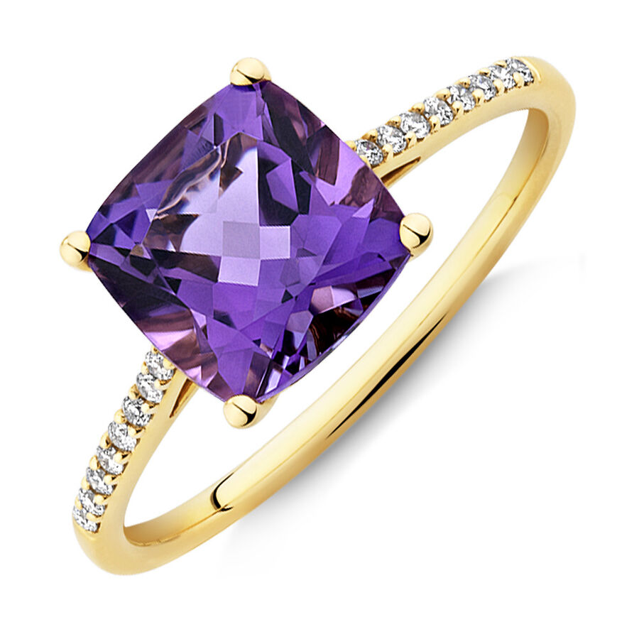 Ring with Amethyst & Diamonds in 10ct Yellow Gold