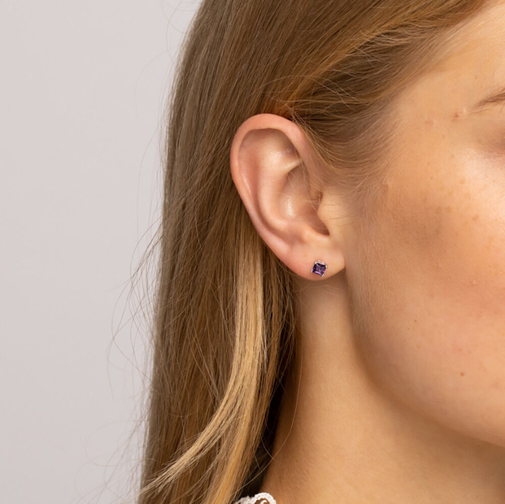Square Stud Earrings with Purple Cubic Zirconia in Sterling Silver