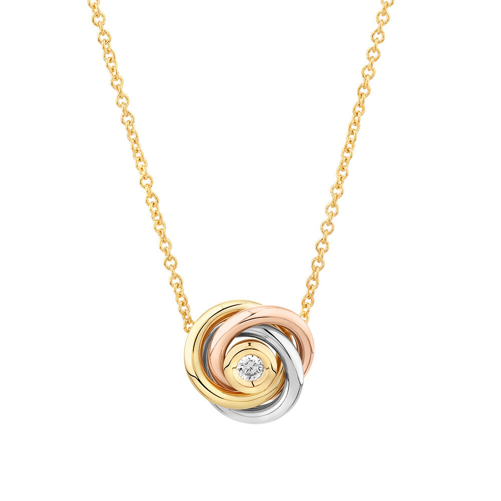 Diamond Accent Tri Tone Knot Necklace in 10kt Yellow Rose and White Gold