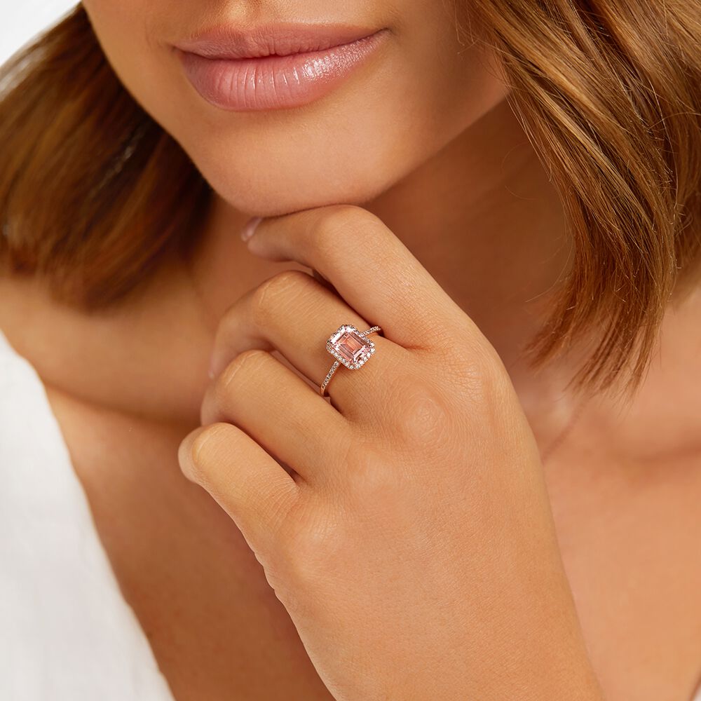 Halo Ring with Morganite 0.22 Carat TW of Diamonds in 10kt Rose Gold