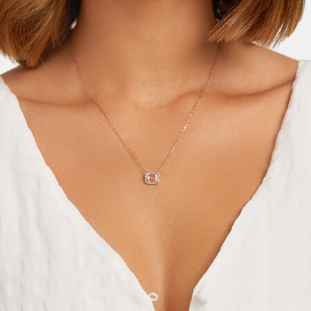 Halo Necklace with Morganite & 0.14 Carat TW of Diamonds in 10kt Rose Gold Halo Necklace with Morganite & 0.14 Carat TW of Diamonds in 10kt Rose Gold