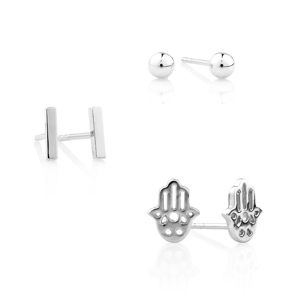 Stud Earring Set with Hamsa, Bar & Ball in Sterling Silver