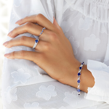 Ring with Created Blue Sapphire & Diamonds in 10ct White Gold Ring with Created Blue Sapphire & Diamonds in 10ct White Gold