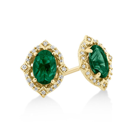 Halo Earrings with Created Emerald & Diamonds in 10kt Yellow Gold