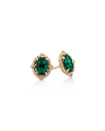 Halo Earrings with Created Emerald & Diamonds in 10kt Yellow Gold Halo Earrings with Created Emerald & Diamonds in 10kt Yellow Gold