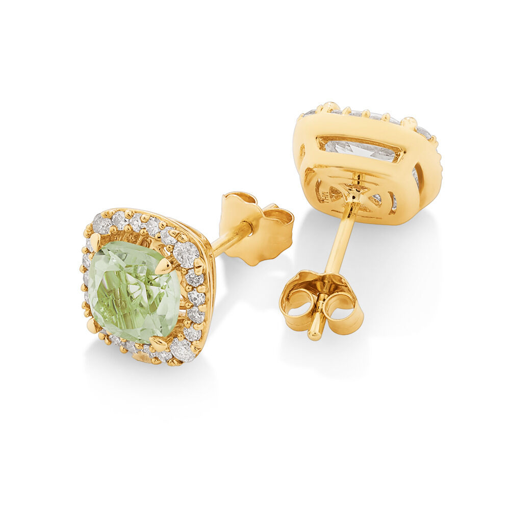 Halo Stud Earrings with Green Amethyst 0.32 Carat TW of Diamonds in 10kt Yellow Gold