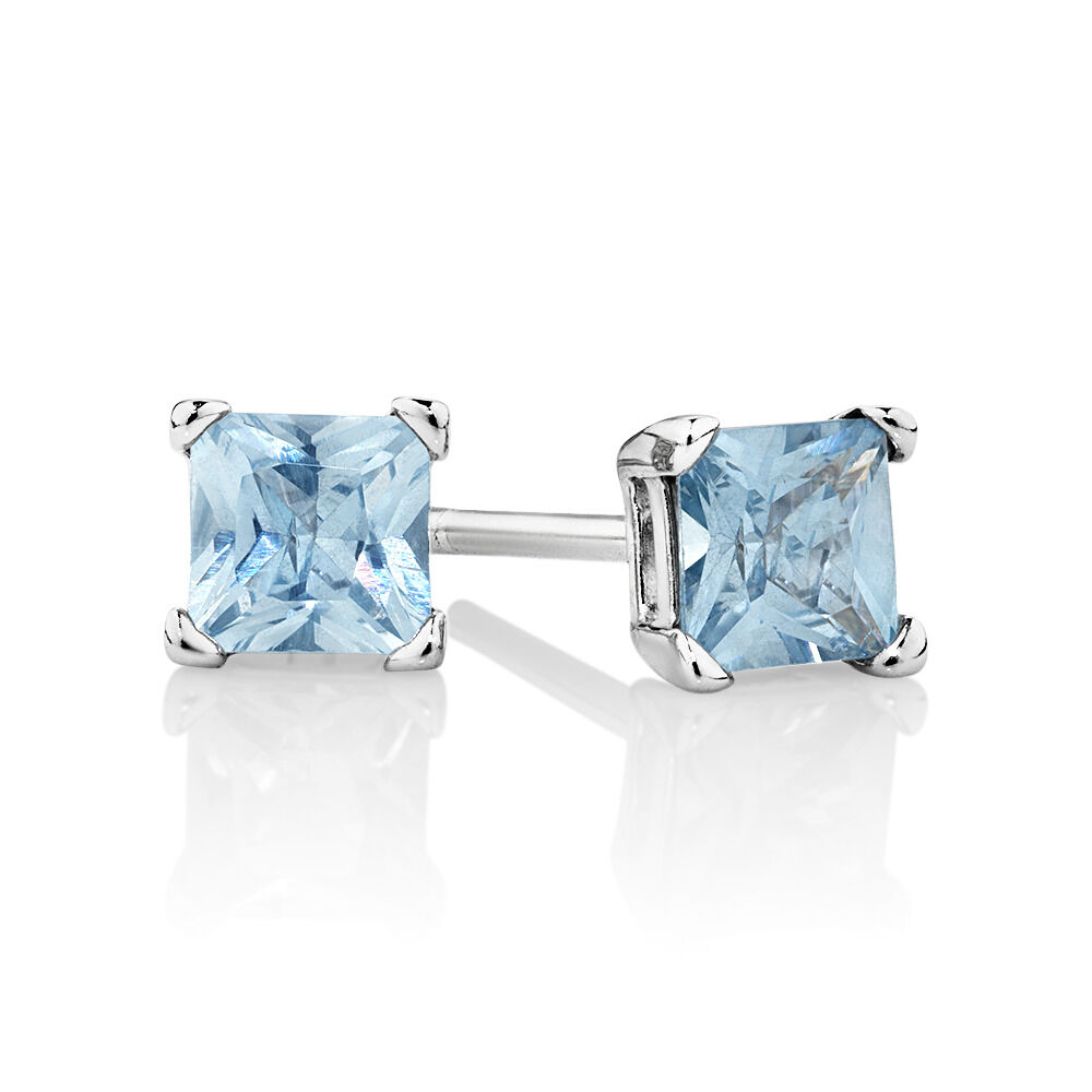 Stud Earrings with Aqua Cubic Zirconia in Sterling Silver
