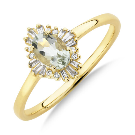 Ring with Green Amethyst & Diamonds in 10ct Yellow Gold
