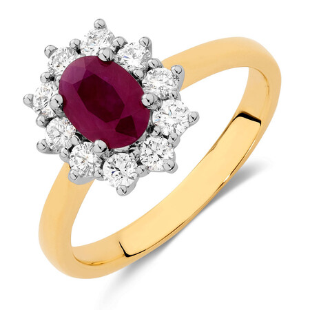 Ring with Ruby & 1/2 Carat TW of Diamonds in 18ct Yellow & White Gold
