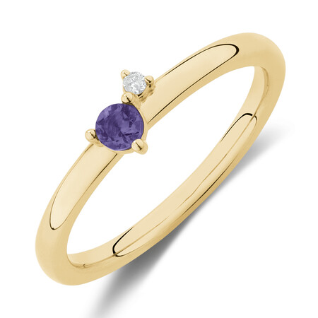 Stacker Ring with Diamond & Amethyst in 10kt Yellow Gold