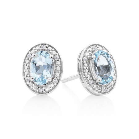 Halo Earrings with Aquamarine and 0.04 Carat TW of Diamonds in Sterling Silver Halo Earrings with Aquamarine and 0.04 Carat TW of Diamonds in Sterling Silver