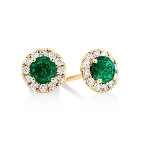 Halo Stud Earrings with Natural Emerald & 0.28 Carat TW of Diamonds in 10kt Yellow Gold