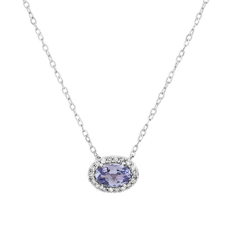 Halo Tanzanite & Diamond Necklace in 10kt White Gold