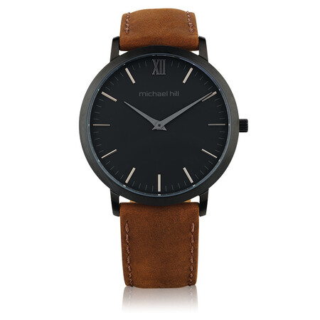 Men's Watch in Black PVD Plated Stainless Steel & Brown Leather