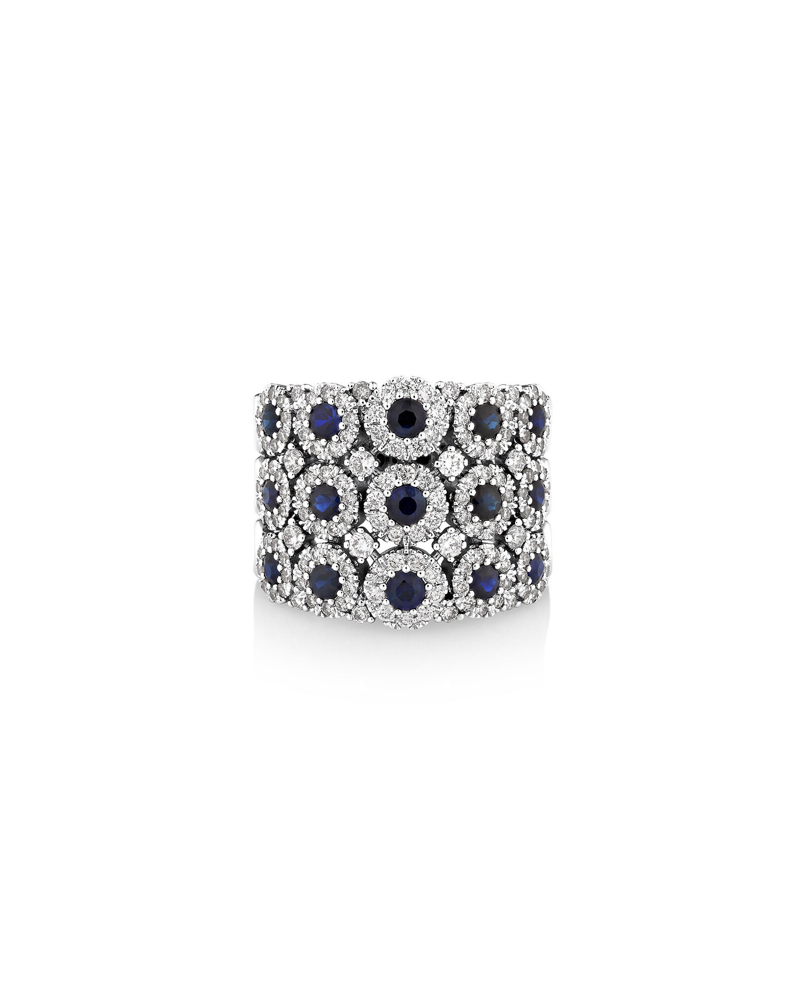 3 Row Bubble Ring with Sapphire and 1.12 Carat TW Diamonds in 14kt White Gold