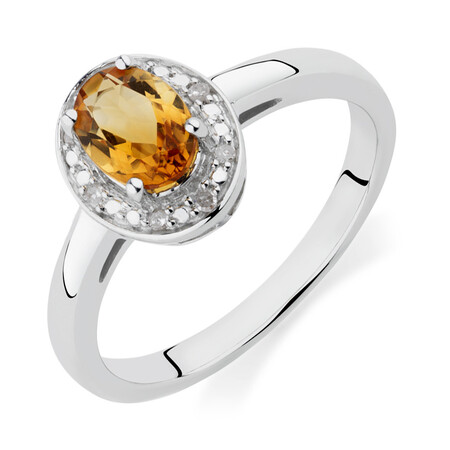 Halo Ring with Citrine & Diamonds in Sterling Silver