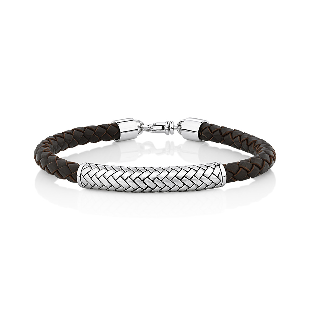 Men's Weave Pattern Bracelet In Brown Leather & Sterling Silver