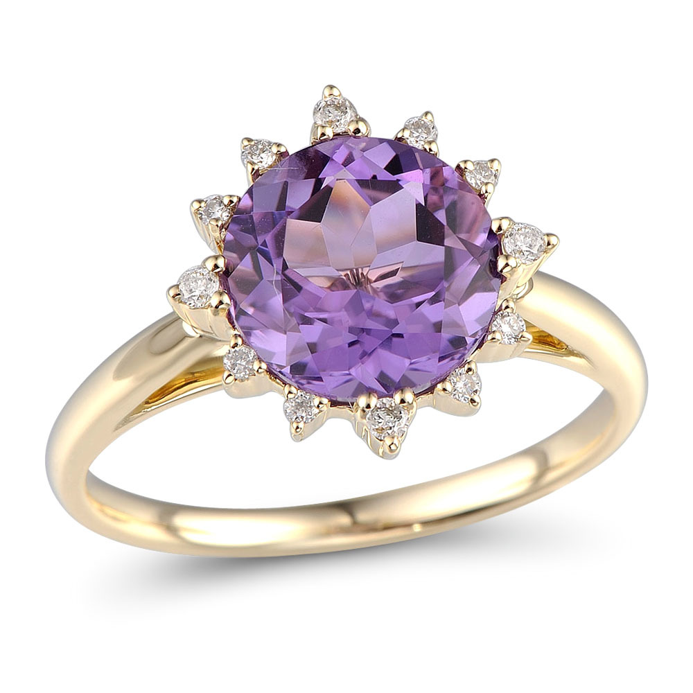 Ring with Amethyst & Diamond in 10ct Yellow Gold