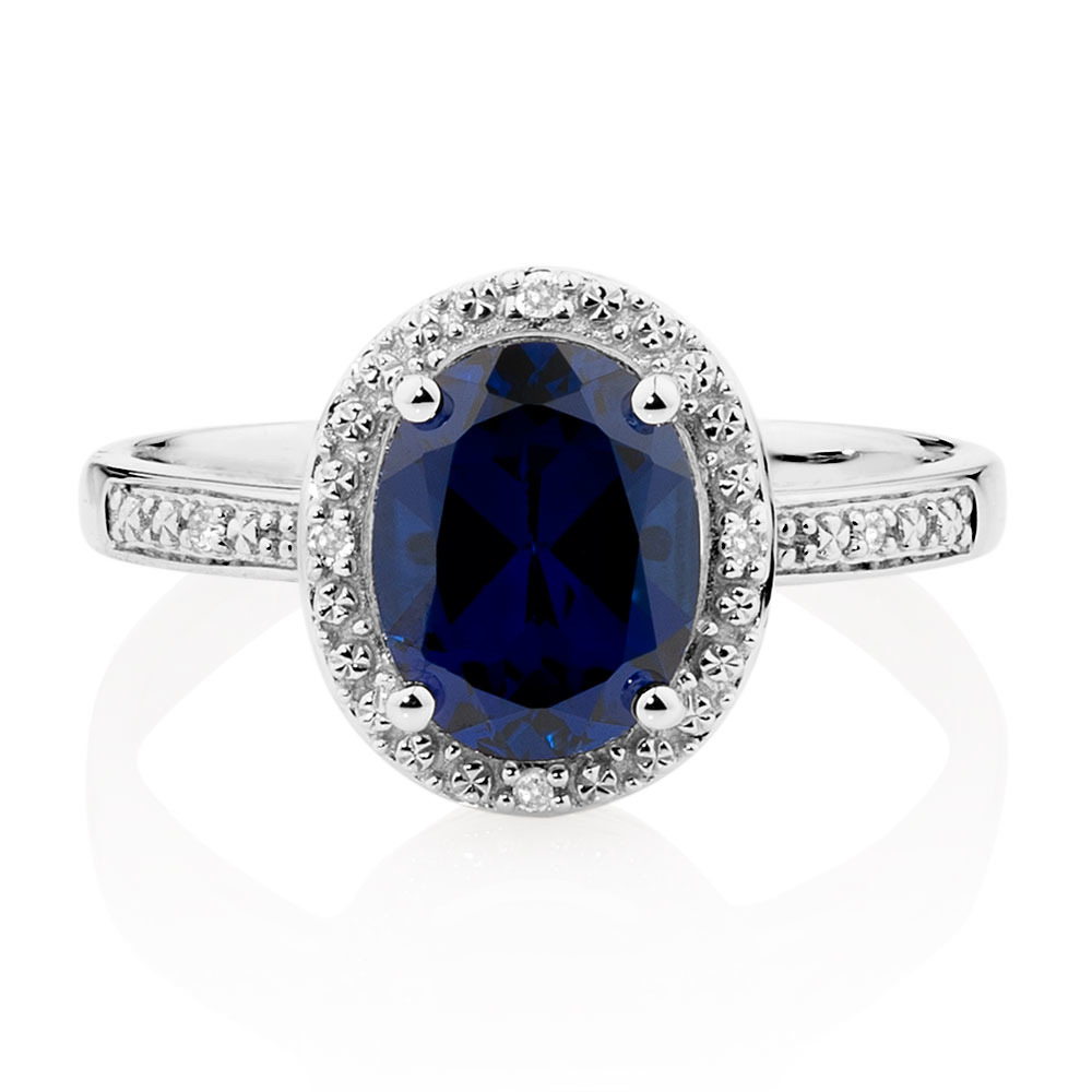 Ring with Created Sapphire & Diamonds in 10ct White Gold