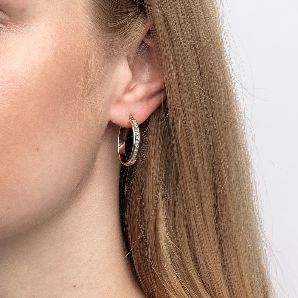 22mm Oval Glitter Hoop Earrings In 10ct Rose Gold