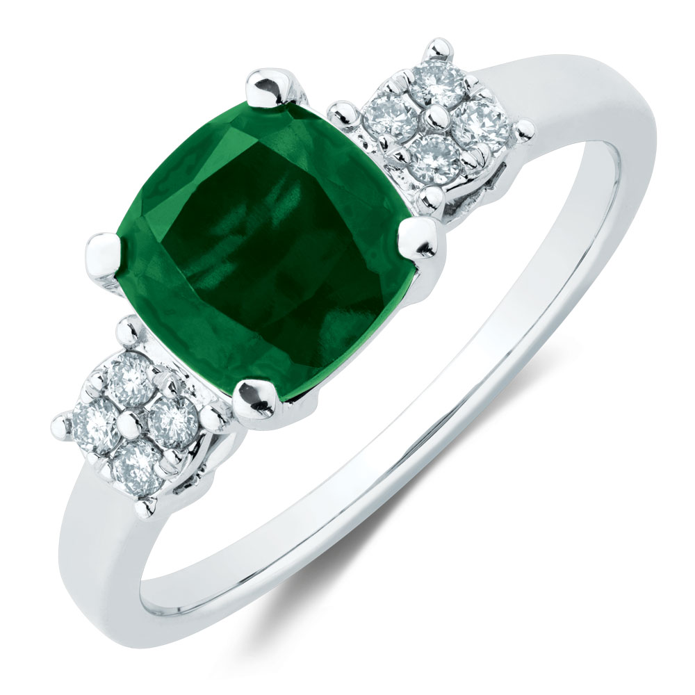 Ring with Diamonds & Created Emerald in 10ct White Gold