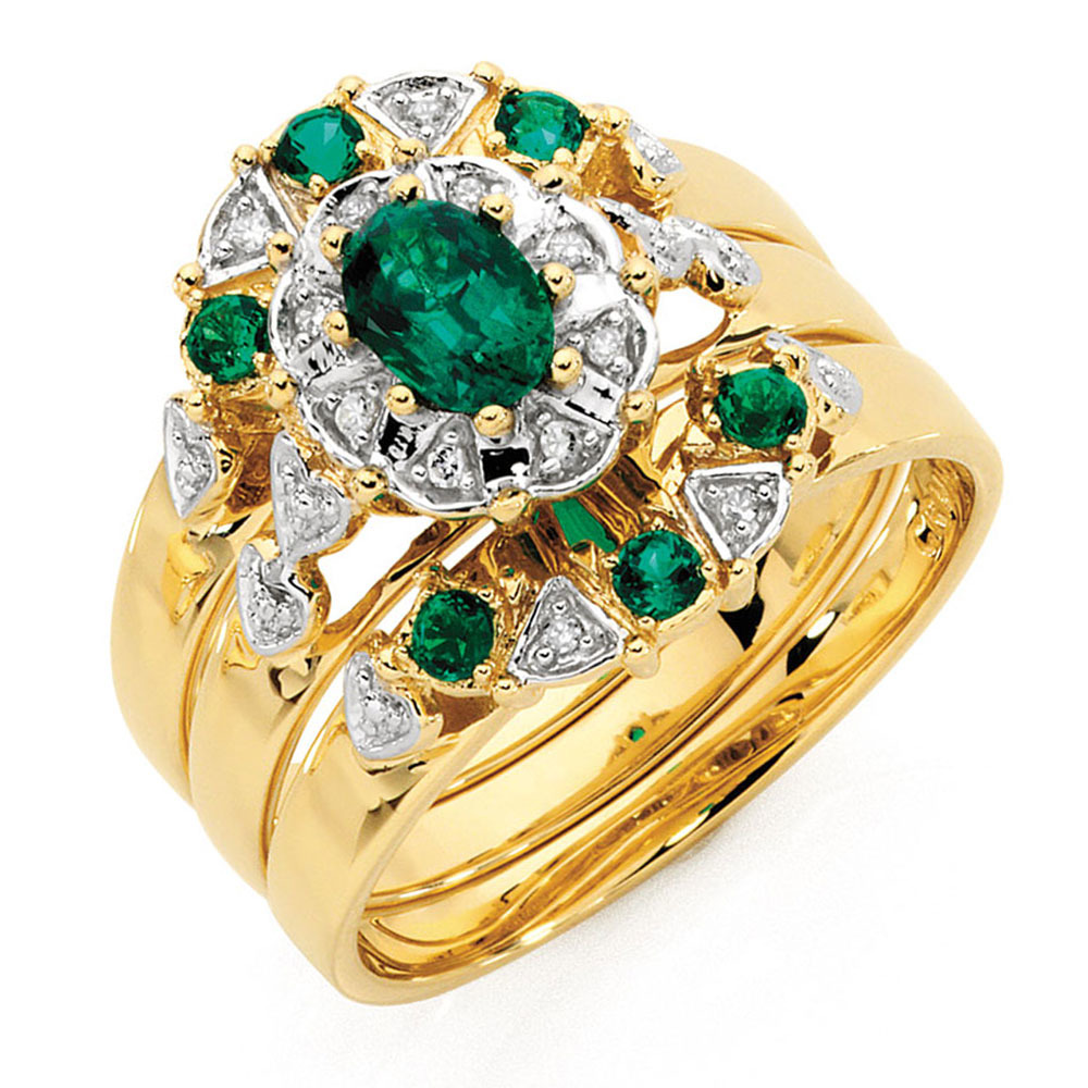 Ring with Created Emerald & Diamonds in 10ct Yellow Gold