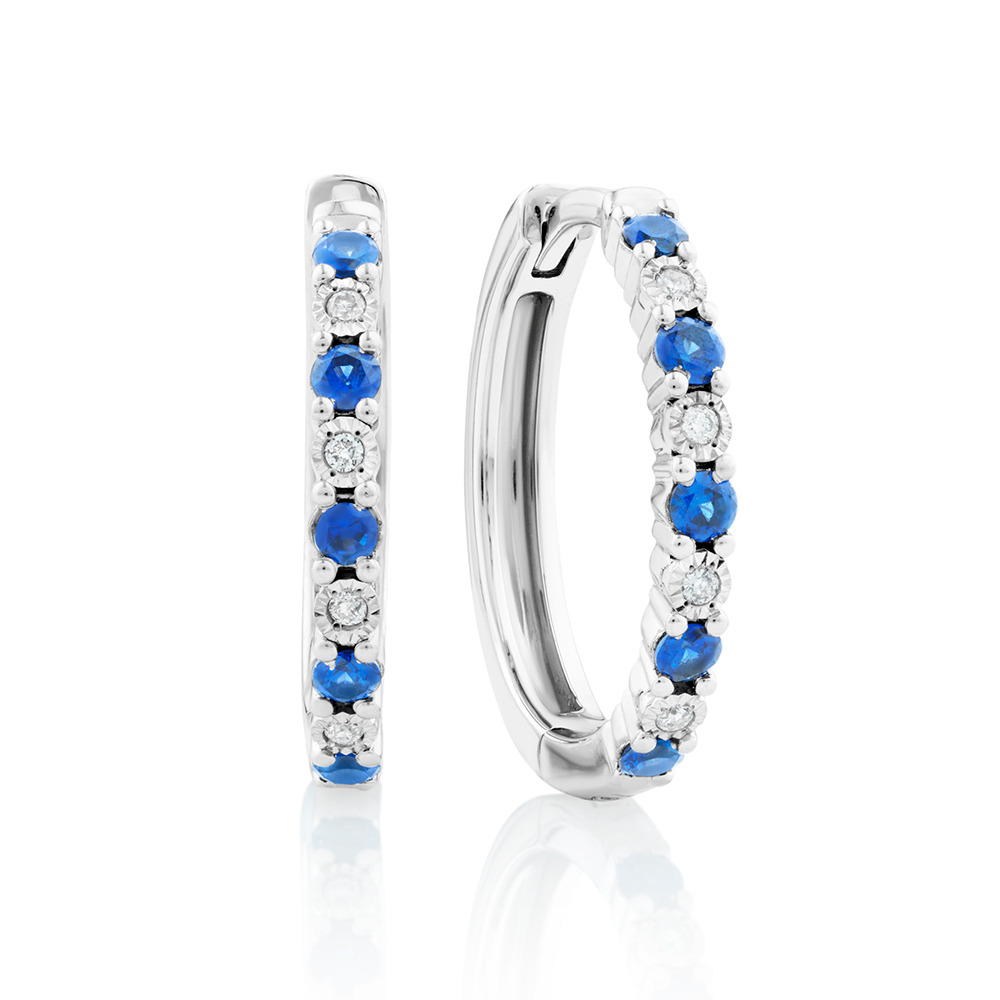 Created Sapphire Hoop Earrings With Diamonds In Sterling Silver
