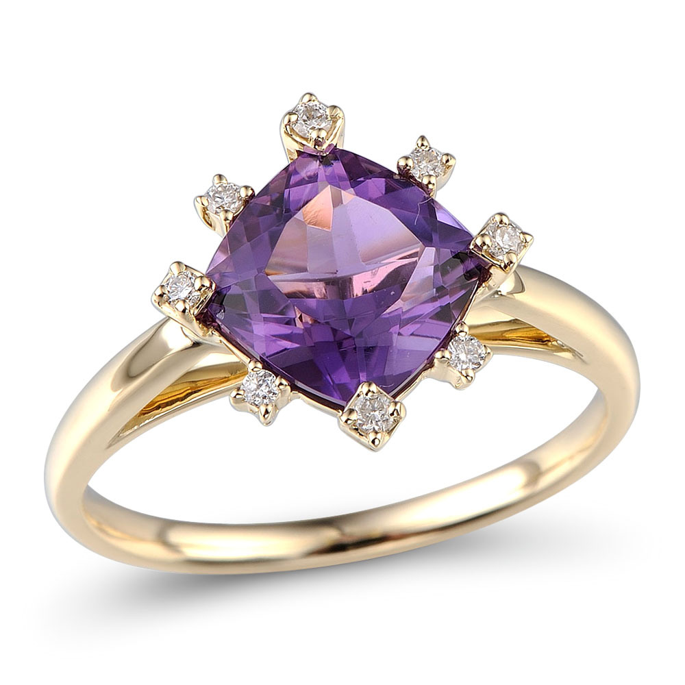 Ring with Amethyst & Diamond in 10ct Yellow Gold